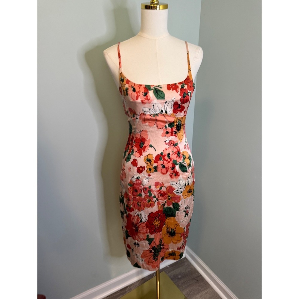 Susana Monaco Pink Floral Silk Satin Midi Dress Wedding Guest Sheath Size Small